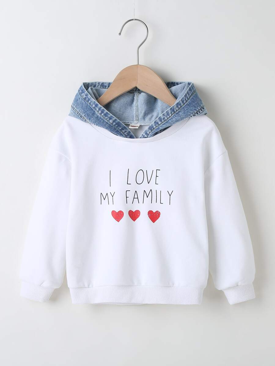 SHEIN Sudadera Con Capucha De Mezclilla Contrastada Para Niña Con Parche De Oreja 3d Y Eslógan Gráfico