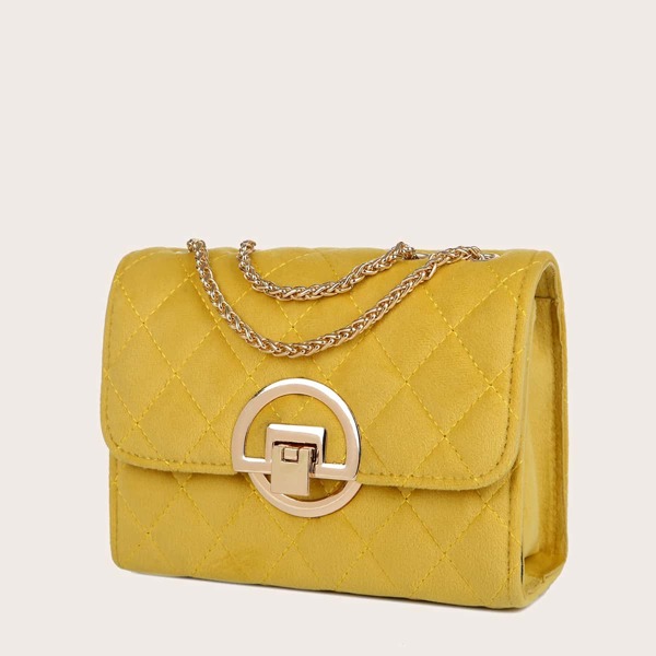 Velvet Quilted Metal Decor Flap Shoulder Bag, Yellow