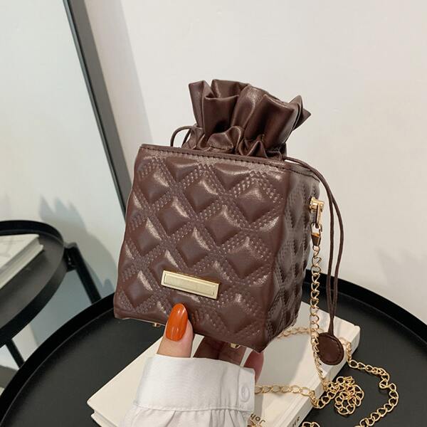 Metal Decor Quilted Pattern Drawstring Box Bag, Brown