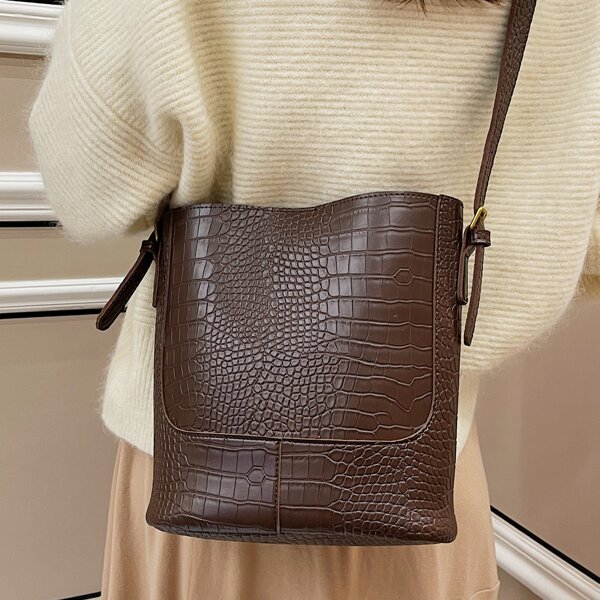 Croc Embossed Crossbody Bucket Bag, Coffee brown