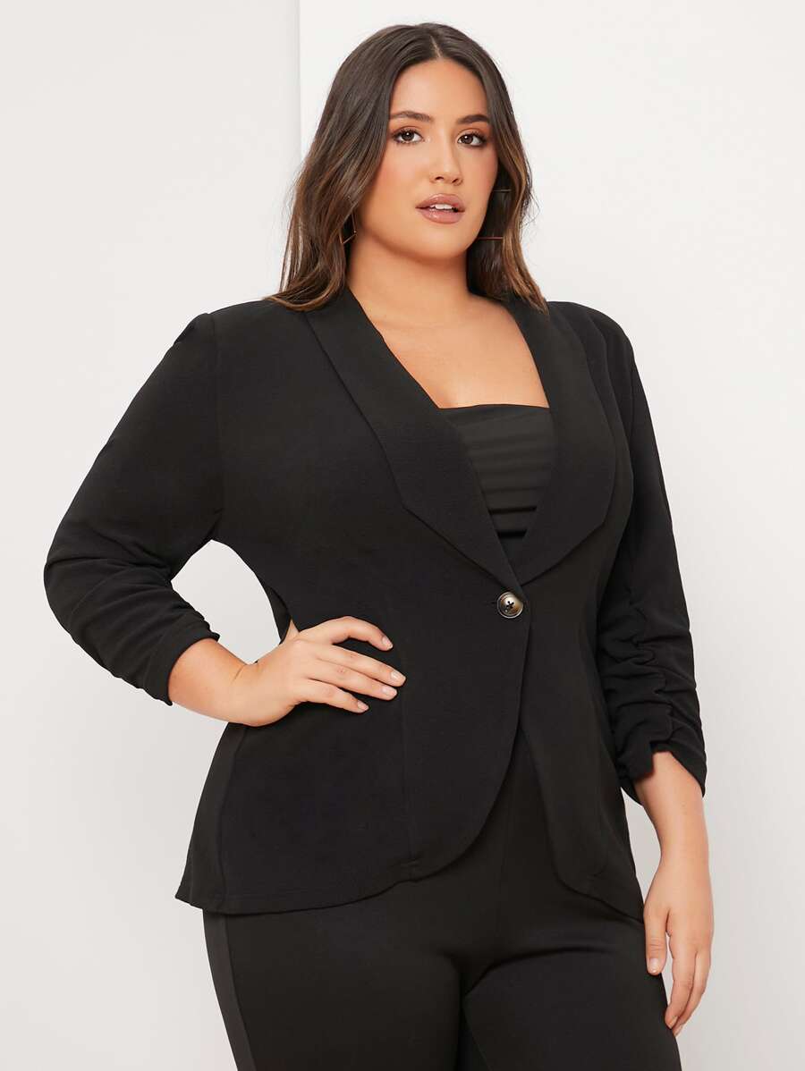 SHEIN Essnce Plus Shawl Collar Single Button Ruched Cuff Blazer
