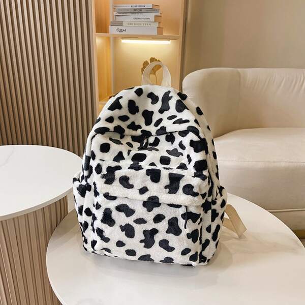 Cow Pattern Fluffy Backpack, Black and white