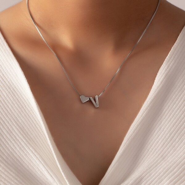 Letter & Heart Decor Necklace, Silver