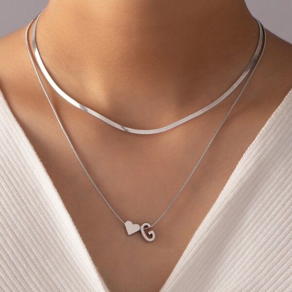 Heart Pendant Layered Necklace, Silver