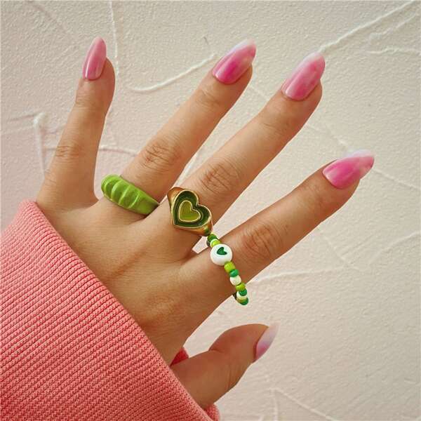 3pcs Heart Pattern Ring, Multicolor