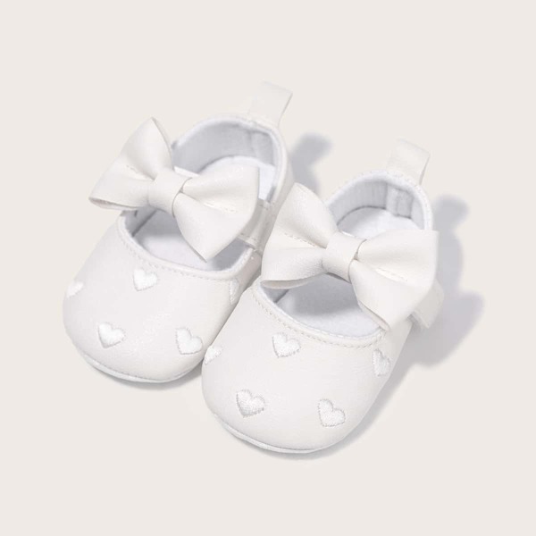 Baby Bow Decor Heart Pattern Mary Janes, White
