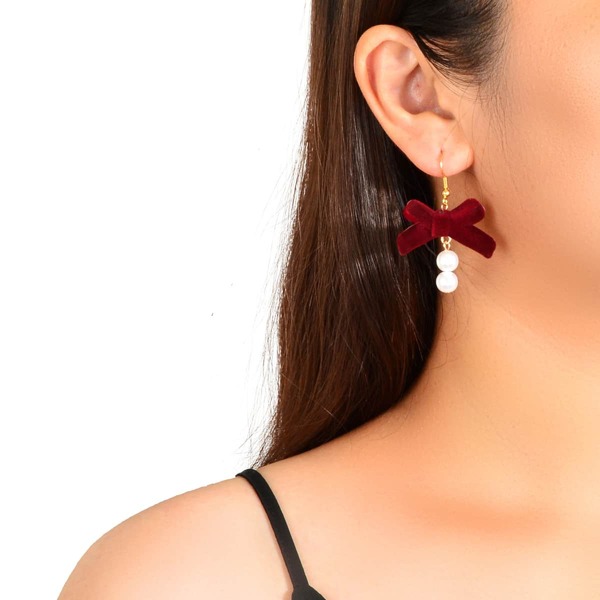Faux Pearl & Bow Drop Earrings, Burgundy