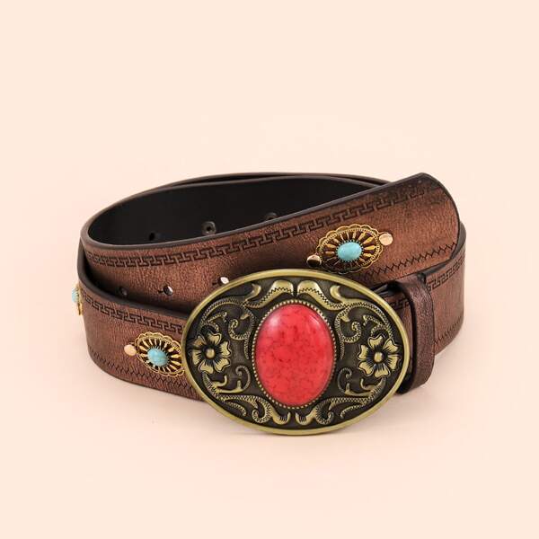 Oval Buckle Belt & Hole Puncher, Brown