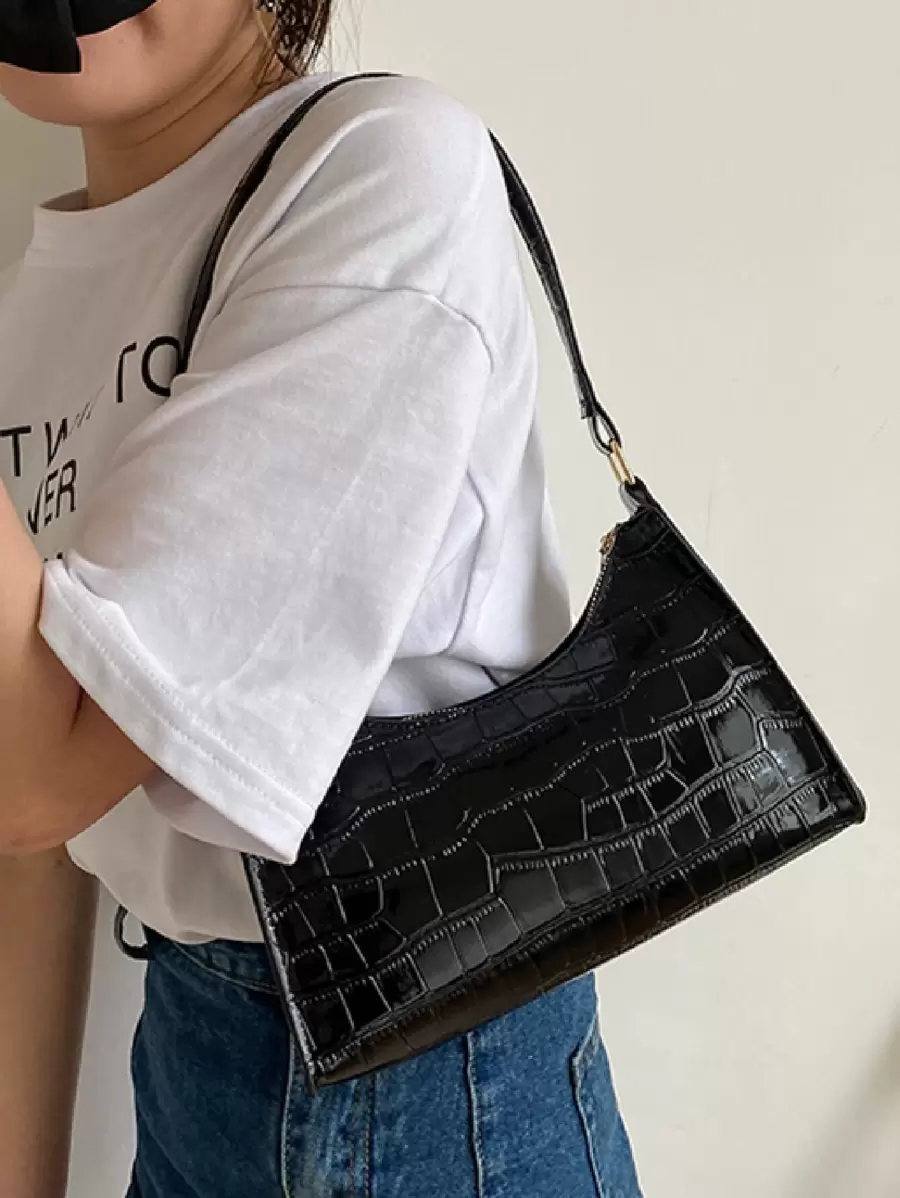 Bolso de hombro con relieve de cocodrilo, bolso retro con cremallera de moda, bolso informal impermeable para adolescentes, mujeres, estudiantes universitarias, novatos y trabajadores de cuello blanco, perfecto para oficina, trabajo, negocios, viajes diarios, el mejor bolso de trabajo para mujeres Totes para mujeres Exquisito bolso de compras Retro Casual Bolsos de hombro para mujeres Bolso femenino con cadena de color sólido para mujer