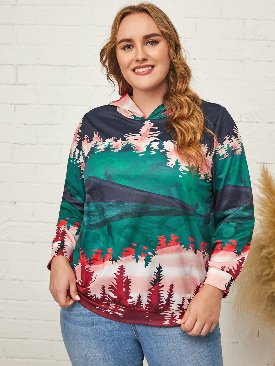Plus Landscape Print Hooded Sweatshirt