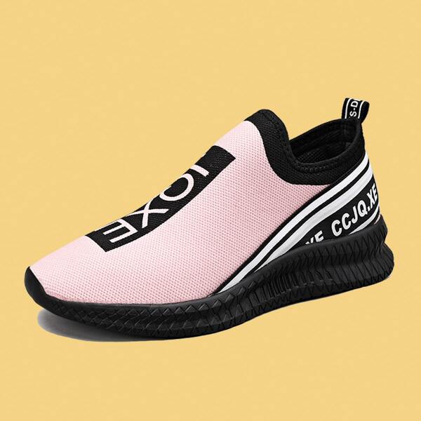 Letter Graphic Knit Detail Slip On Running Shoes, Pink 
Letter Graphic Knit Detail Slip On Running Shoes, Pink