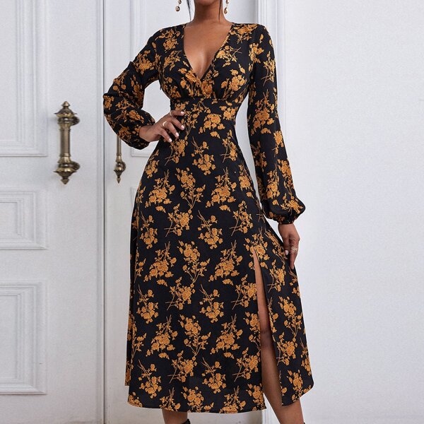 Allover Floral Print Plunging Neck Lantern Sleeve Slit Thigh Dress, Multicolor
Allover Floral Print Plunging Neck Lantern Sleeve Slit Thigh Dress, Multicolor