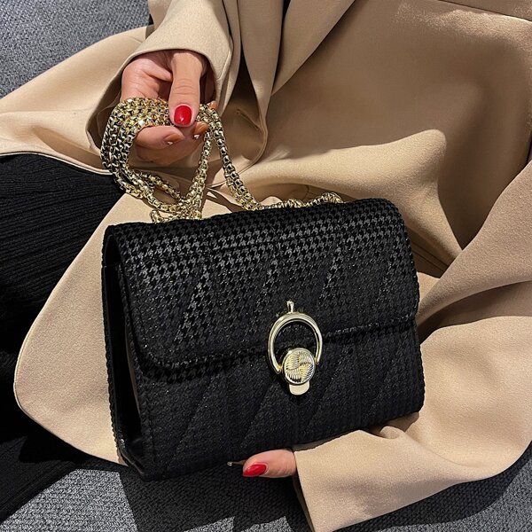 Metallic Decor Flap Chain Bag, Black