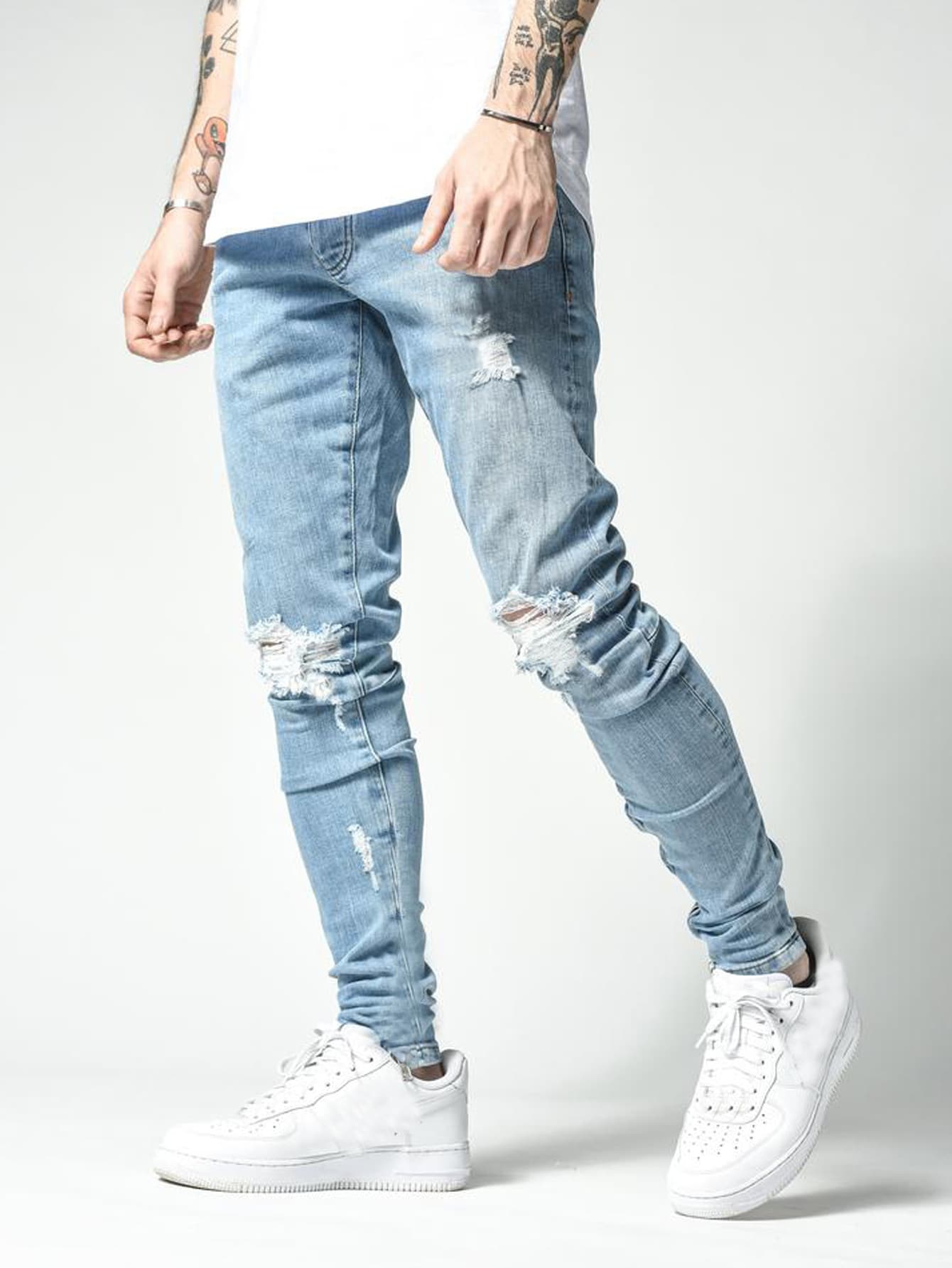Men Ripped Bleach Wash Jeans