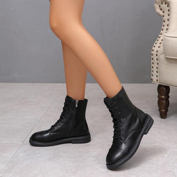 Side zipper Round Toe Ankle Boots, Black