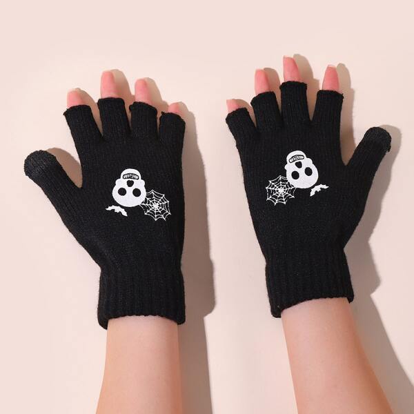 Halloween Skull Print Gloves, Black