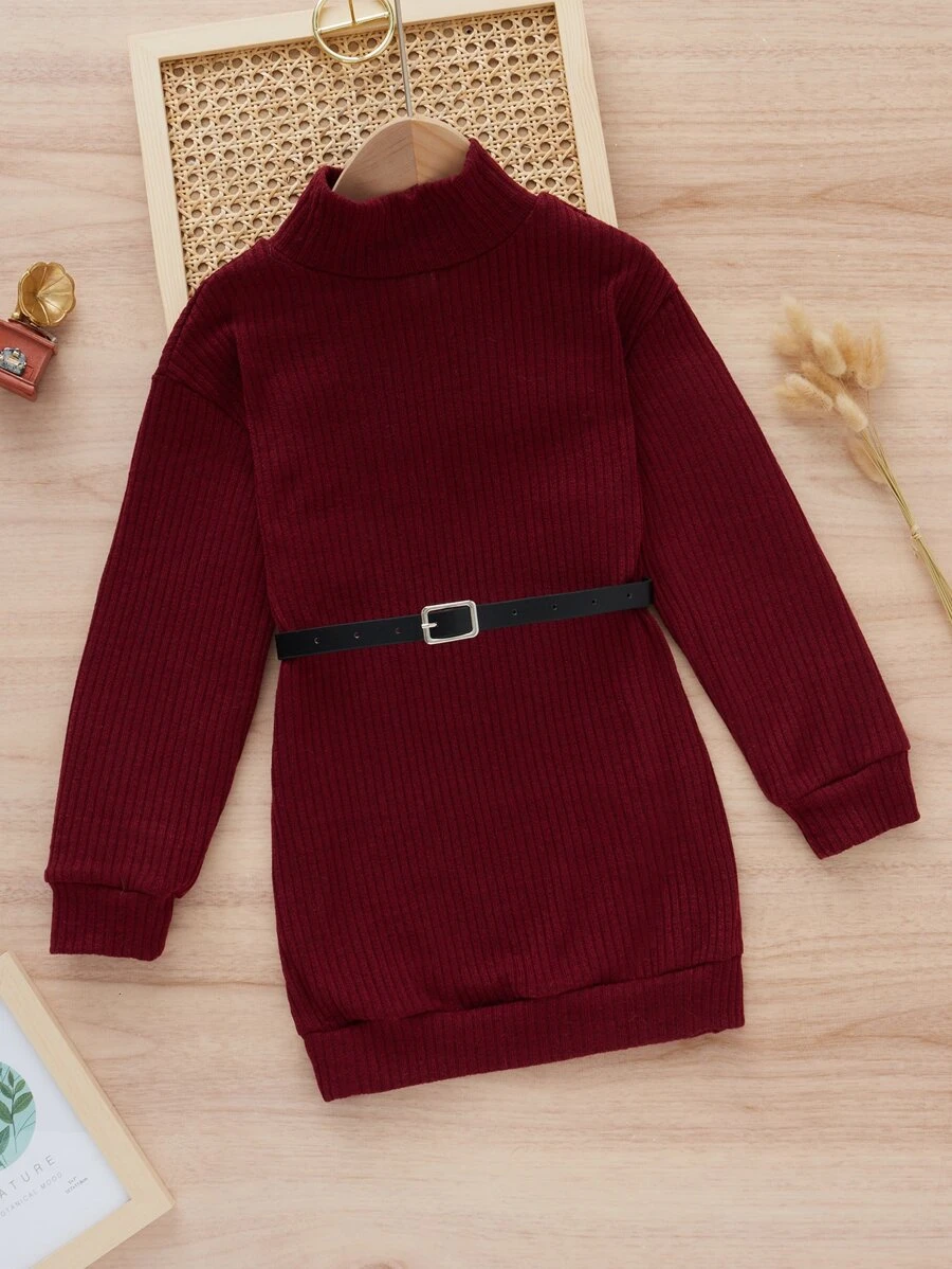 Girls Mock Neck Belted Sweater Dress
