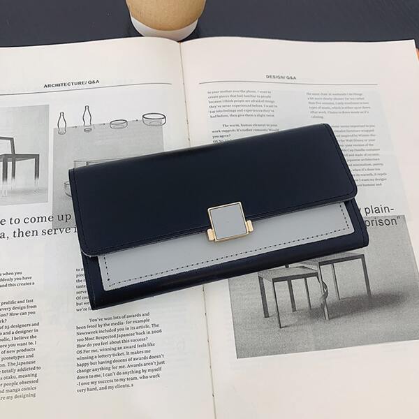 Colorblock Metal Lock Long Wallet, Black