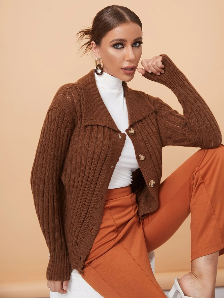 SHEIN Button Front Ribbed Knit Cardigan