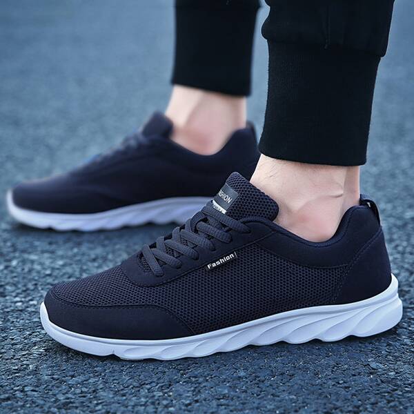 Men Lace-up Front Knit Running Shoes, Blue