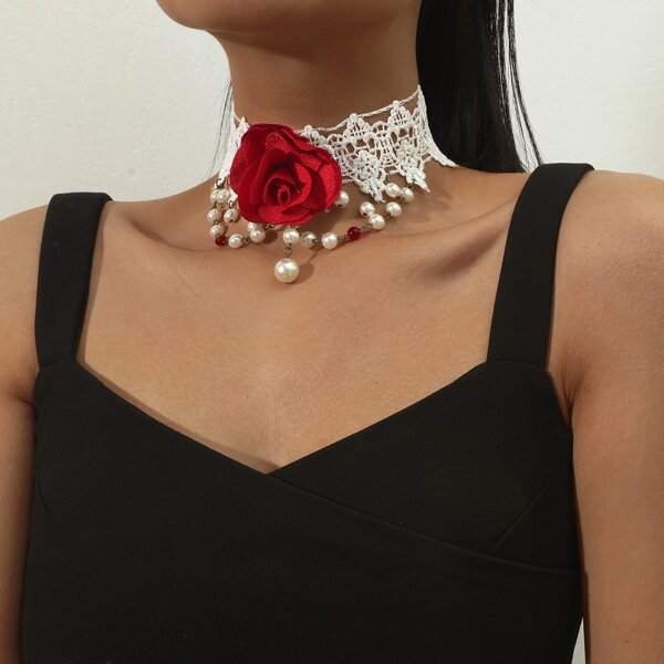 Flower Decor Choker, White