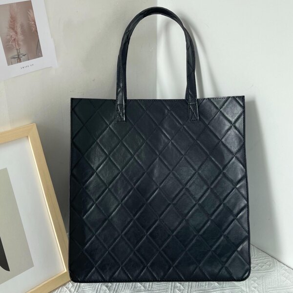 Minimalist Quilted Shoulder Tote Bag, Black