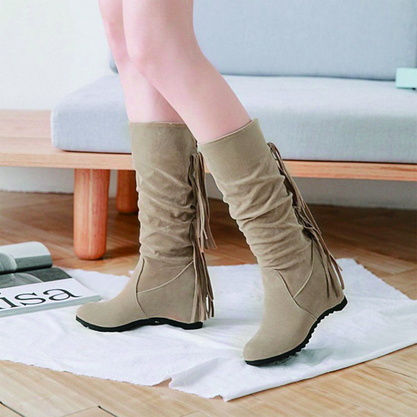 Fringe Decor Wedge Boots, Khaki