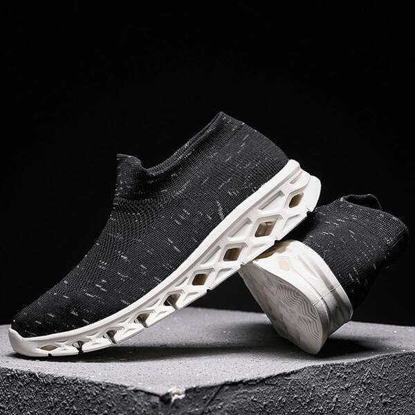 Men Knit Slip On Running Shoes, Black