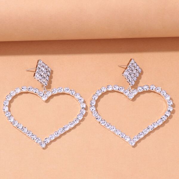 Rhinestone Heart Drop Earrings, Silver