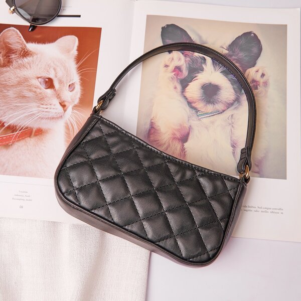 Minimalist Textured Baguette Bag, Black