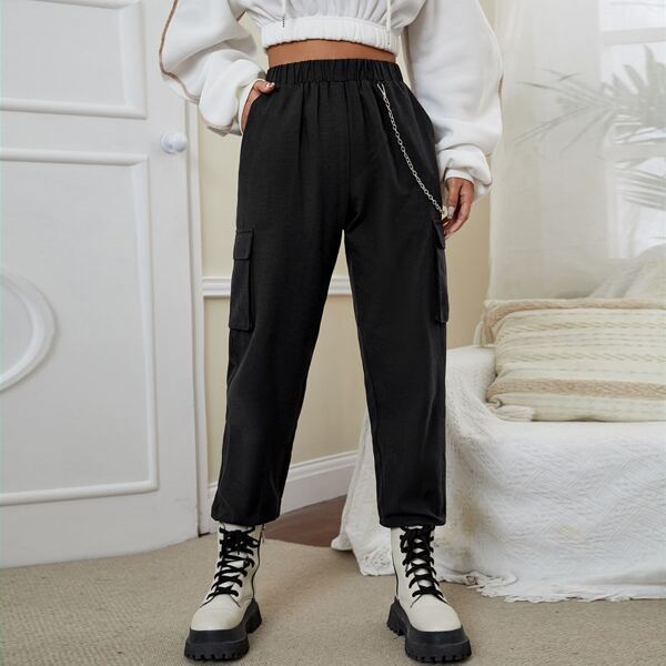 Chain Detail Flap Pocket Cargo Pants, Black