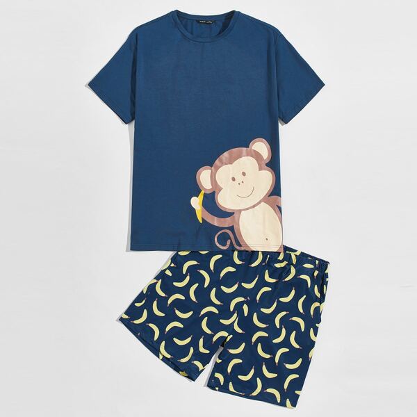 Мужская пижама с принтом обезьяны, Синий 
Мужская пижама с принтом обезьяны, Синий