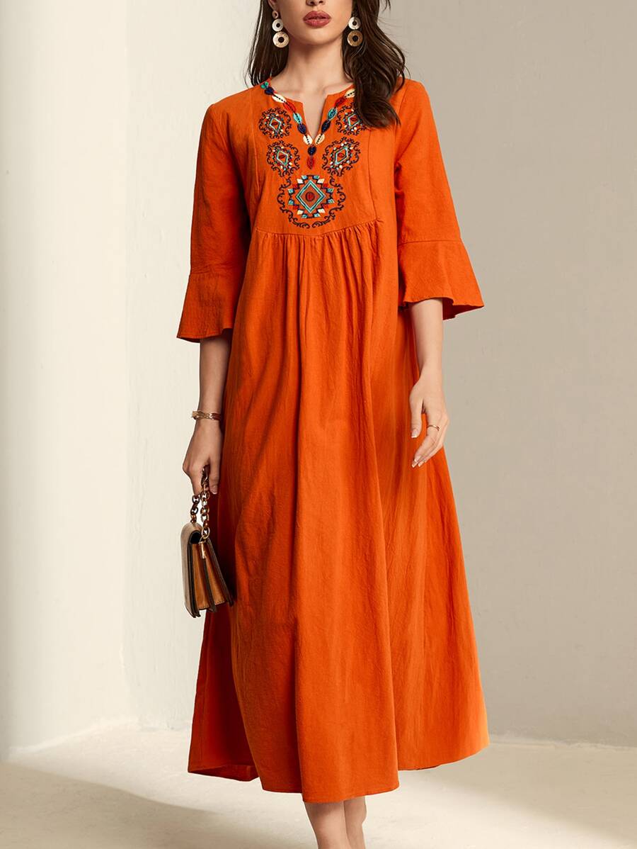 Mulvari Vestido smock con bordado geométrico de cuello de muesca de manga con volante