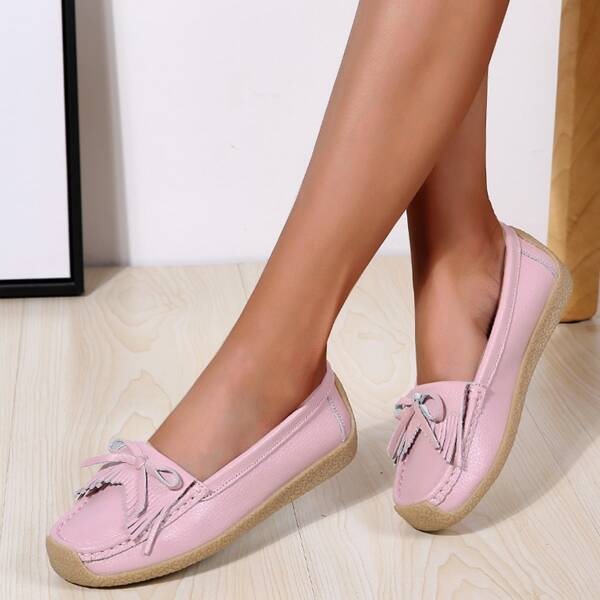 Bow Decor Stitch Detail Leather Flats, Pink