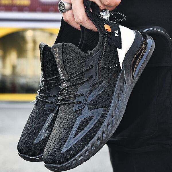 Men Lace Up Decor Knit Sneakers, Black