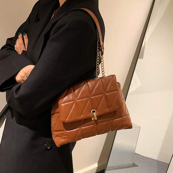 Quilted Pattern Chain Flap Square Bag, Brown