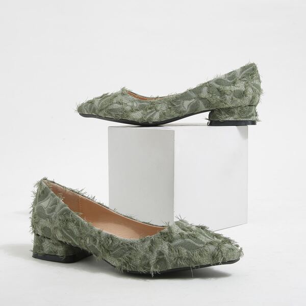 Denim Frayed Ballets Flats, Green