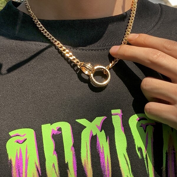 Men Ring Charm Necklace, Gold