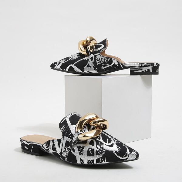 Metallic Graphic Chain Decor Mules, Black and white