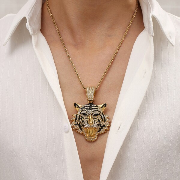 Men Rhinestone Tiger Head Charm Necklace, Gold