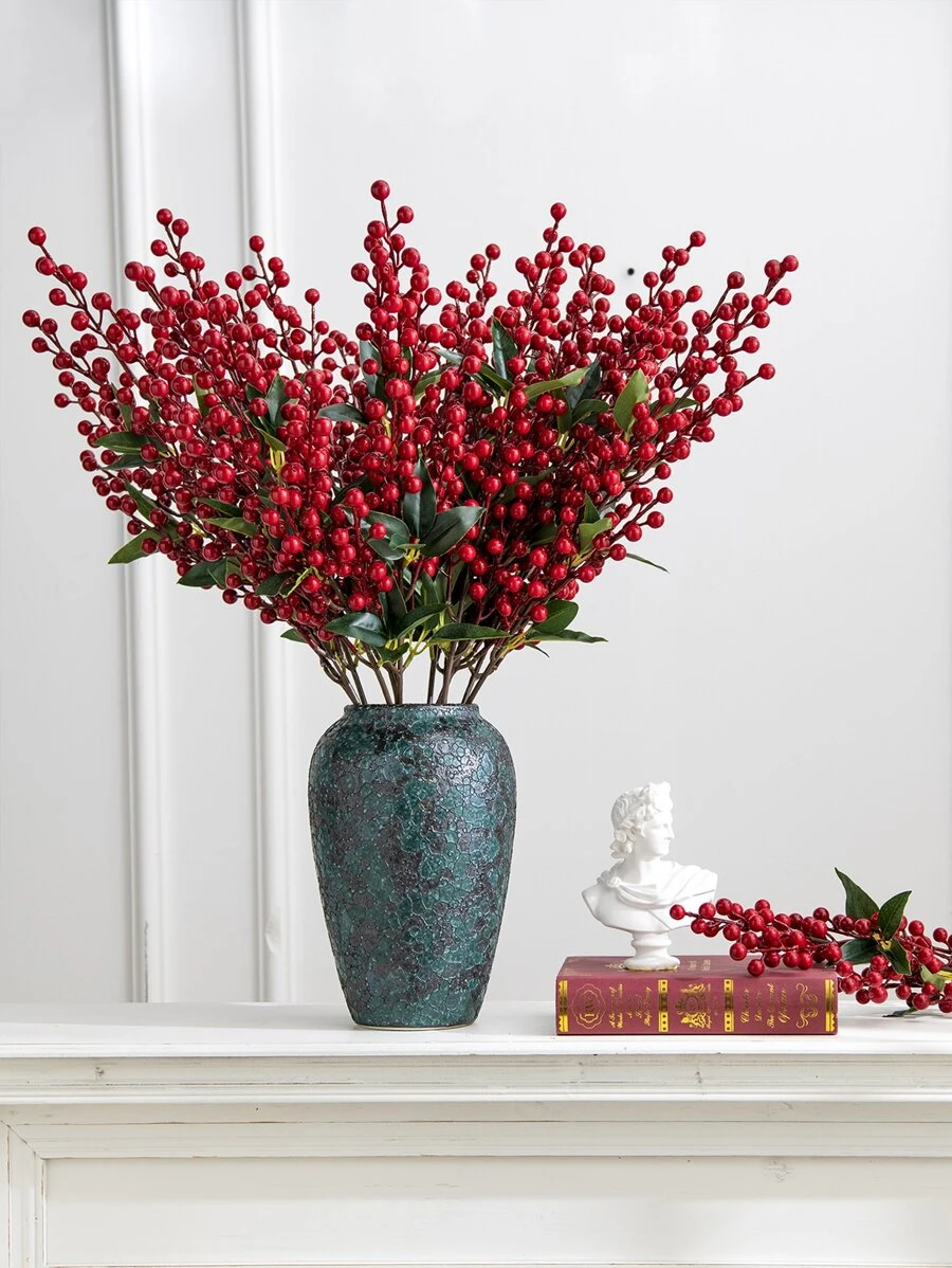 1 branche de plante à fruits rouges artificiels avec 9 branches et feuilles pour la décoration de la maison, du salon, des festivals, de la Saint-Valentin, cadeau