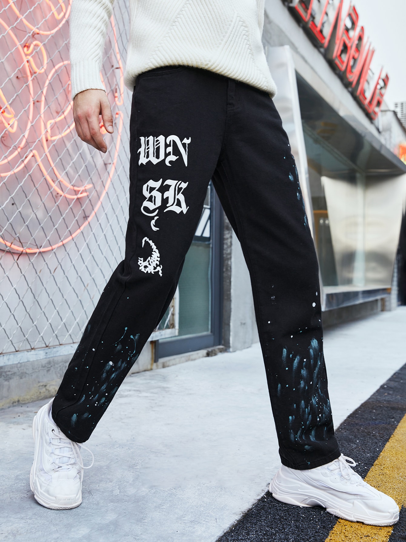 SHEIN Men Letter & Splatter Print Jeans