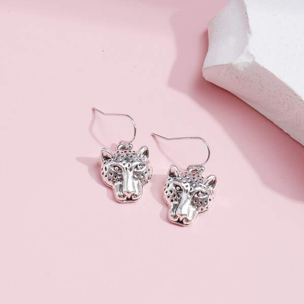 Leopard Head Drop Earrings, Silver