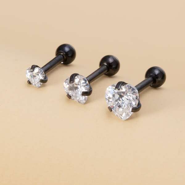 3pcs Zircon Decor Stud Earrings, Black