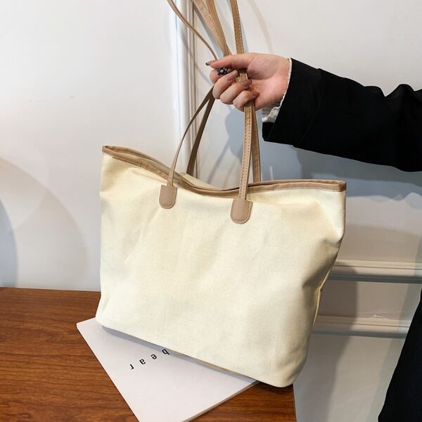 Contrast Binding Tote Bag, Beige