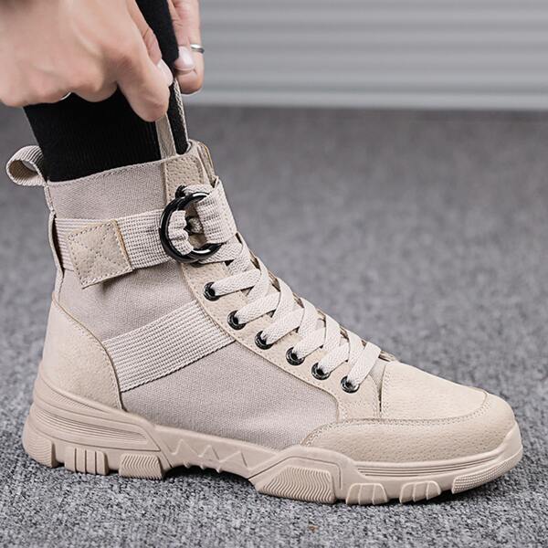 Men Minimalist Lace-up Front Boots, Beige