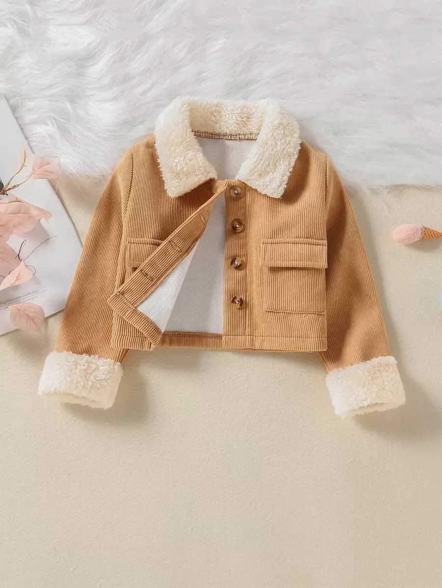 Einzelreihige Cordjacke Für Kleine Mädchen Mit Borg-kragen, Gefüttert Und Mit Klappentaschen