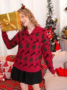 SHEIN Christmas Pattern Button Half Placket Sweater