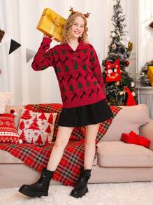 SHEIN Christmas Pattern Button Half Placket Sweater