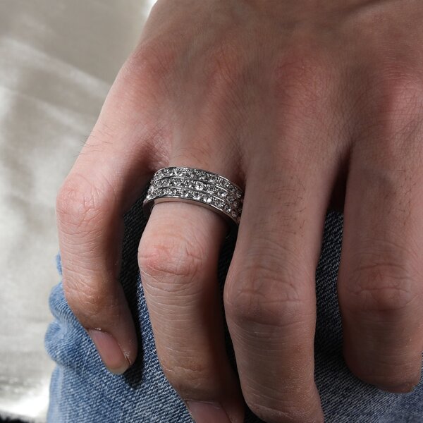Men Rhinestone Decor Ring, Silver